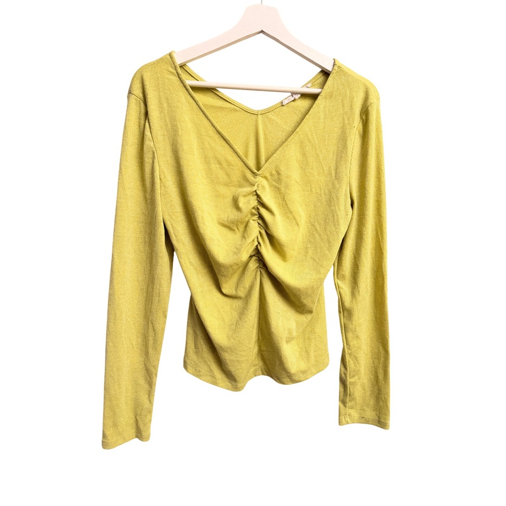 Sweet Rain Ruched V-Neck Top Womens Large Green Metallic Knit Long Sleeve T36909